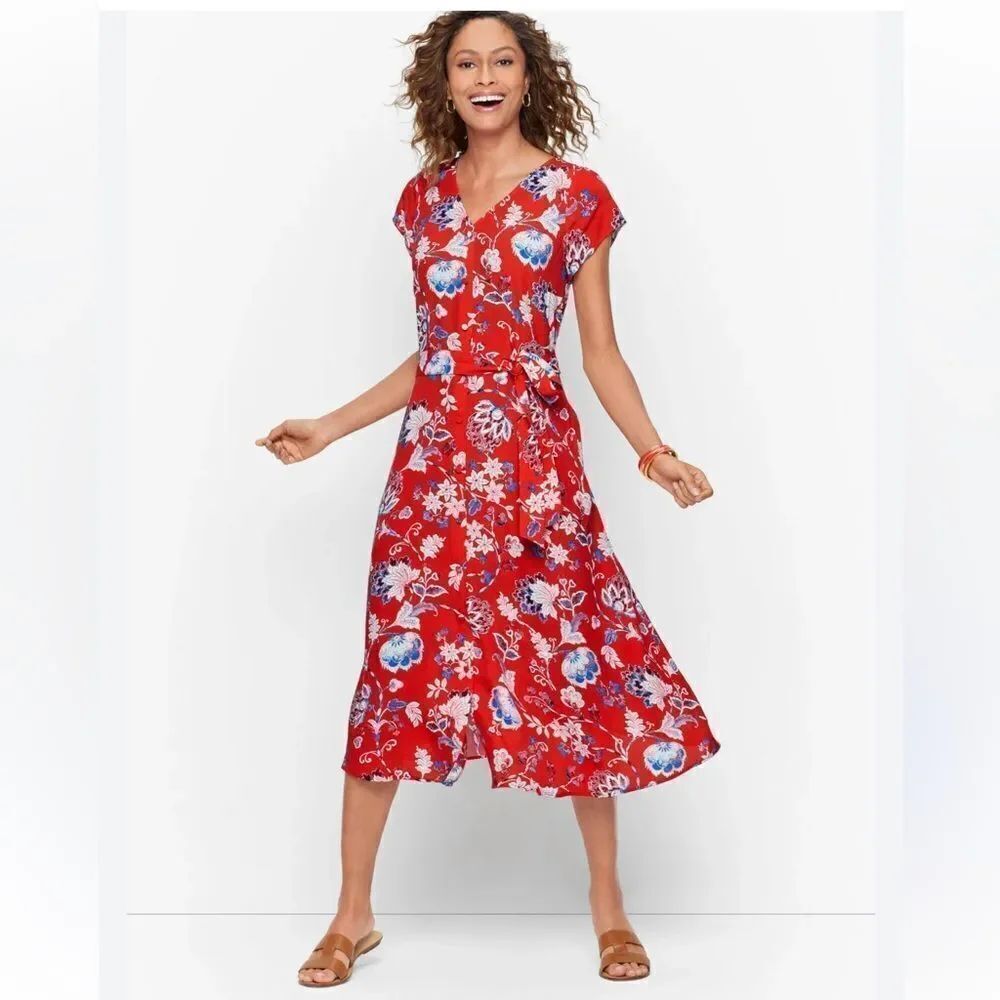 Talbots Red Blue Cream Floral Print V Neck Button Front Sash Waist Dress